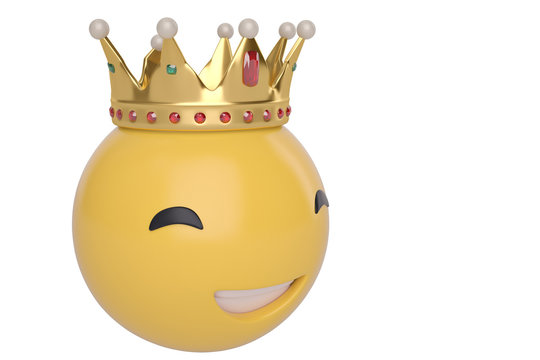 Big smile emoticon with golden crown on white background.3D illustration.