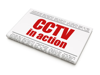 Protection concept: newspaper headline CCTV In action on White background, 3D rendering