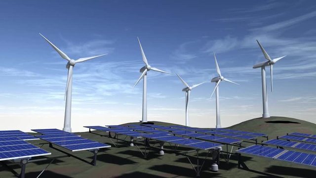 Several Wind Power systems with some animated Solar Panels and a blue sky