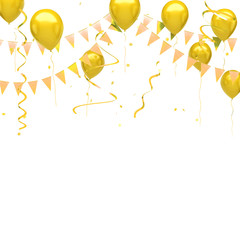 Yellow balloons on the upstairs with Gold confetti and gold flags and ribbons isolated on white background. 3D illustration of celebration, party balloons