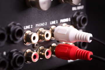 Inputs and outputs on back panel of dj mixer