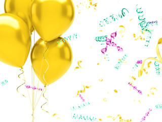 Yellow balloons on the top left corner with golden ribbons and with colorful confetti isolated on white background. Close-up 3D illustration of holidays, party, birthday balloons