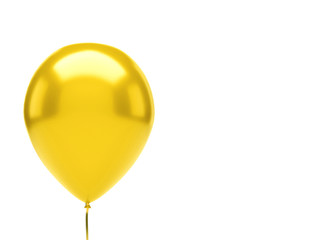 Yellow balloon on the top left corner isolated on white background. Close-up 3D illustration of beautiful, candy, glossy balloons