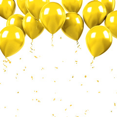 Yellow balloons on the upsteirs with golden confetti isolated on white background. 3D illustration of beautiful, candy, glossy balloons