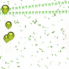 Fototapeta na wymiar Yellow green metallic balloons with, gold confetti and flags on the center isolated on white background. 3D illustration of celebration, party balloons