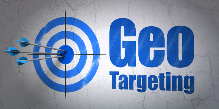 Success Business Concept: Arrows Hitting The Center Of Target, Blue Geo Targeting On Wall Background, 3D Rendering