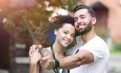 Happy traveling couple making selfie, romantic mood.