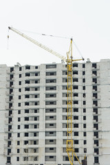 The process of building a house. Unfinished building. Construction crane