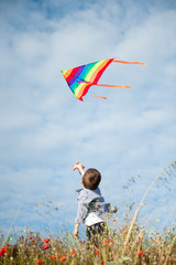 happy caucasian little boy standing among grass holding flying colorful kite on blue sky background