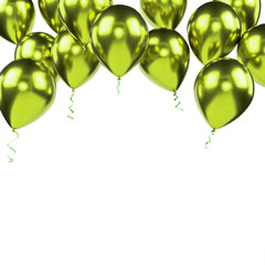 Yellow green metallic balloons on the upstairs with clear path isolated on white background. 3D illustration of beautiful, candy, glossy balloons