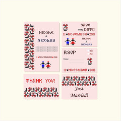 Wedding invitation suite vector template - inspired by romanian traditional motifs
