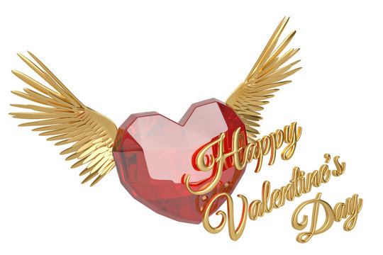 Ruby heart with wings on white background. 3D illustration.