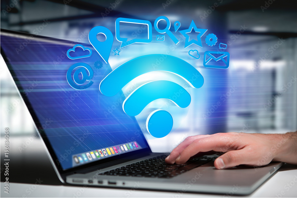 Poster wifi symbol connection surrounded by multimedia and internet application logo - 3d rendering