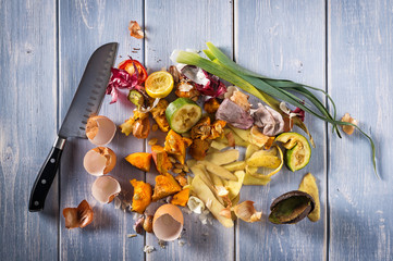 Organic leftovers, kitchen scraps, waste from vegetable ready for recycling and to compost....