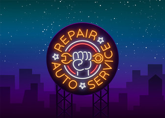 Auto service repair logo in neon style. Neon sign, a symbol on the topic of repairing cars. Emblem, bright banner, shiny sign, night non-neon bright advertising of auto repair. Vector illustration