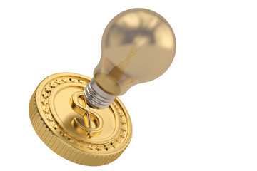 Golden light bulb and big coin on white background. 3D illustration.
