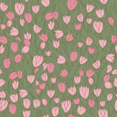 Seamless pattern with cute cartoon pink flowers, tulips.