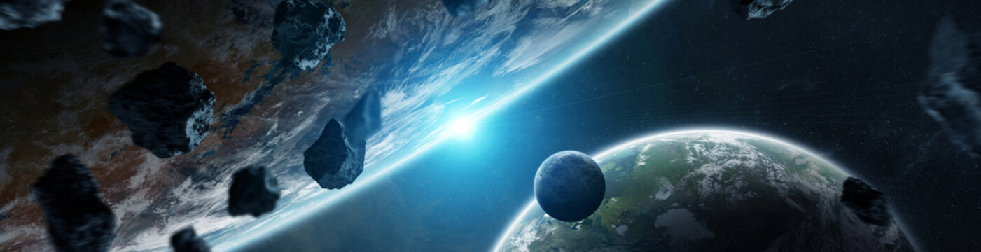 Panorama of distant planet system in space 3D rendering elements of this image furnished by NASA © sdecoret