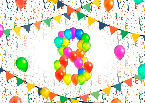 Number eight made up from colorful balloons on white background with confetti