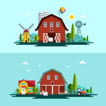 Farm. Vector Flat Design Landscape with Barns and  Windmills