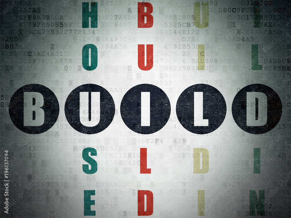 Poster building construction concept: painted black word build in solving crossword puzzle on digital data 