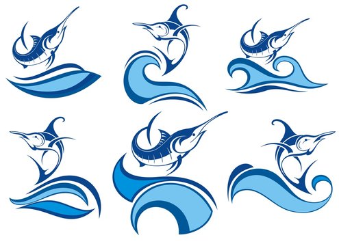 Collection of fish icon with waves