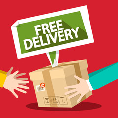 Free Delivery Symbol with Parcel and Hands. Vector Flat Design Illustration.