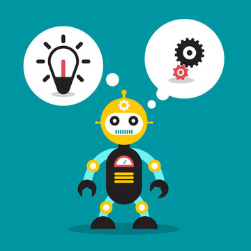 Cute Robot Toy with Bulb and Cogs in Speech Bubble