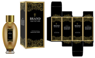 Packaging design, Label on cosmetic container with black and gold luxury box template and mockup box, illustration vector.