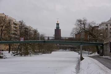 Channel view along the chanel of Karlberg in Stockholm a cold snowy winter day