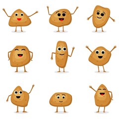Vector set of potatoes characters. Cartoon potatoes isolated on white background. Cute vegetable characters. Vector illustration