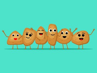 Vector set of potatoes characters. Cartoon potatoes isolated on background. Cute vegetable characters. Vector illustration