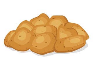 Pile heap of unpeeled potatoes isolated on a white background. Potato tuber on flat style. Set vegetable potatoes different shapes with brown pointed skin. Vector illustration