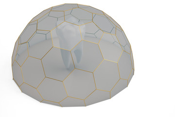 Tooth protection concept tooth covered with hexagon frame glass 3D illustration.
