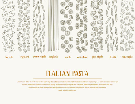 Vector banner with different types of traditional Italian pasta. Hand drawn background. Can be use for menu or packaging design. Italian cuisine illustration.