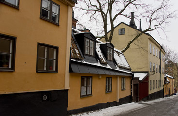 Fototapeta na wymiar Old houses at Sodemalm in Stockholm a winter day