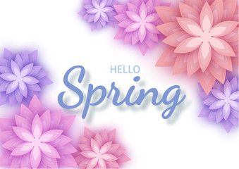 Hello Spring, floral greeting card, paper flowers. Banner with r