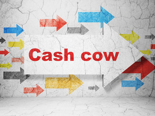 Finance concept:  arrow with Cash Cow on grunge textured concrete wall background, 3D rendering
