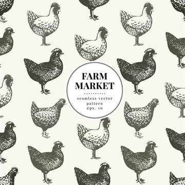 Seamless farm vector pattern. Graphical hen silhouette, hand drawn vintage illustrations. Retro farm birds background.