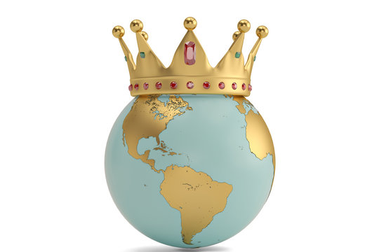Golden crown with globe on white background business success concept.3D illustration