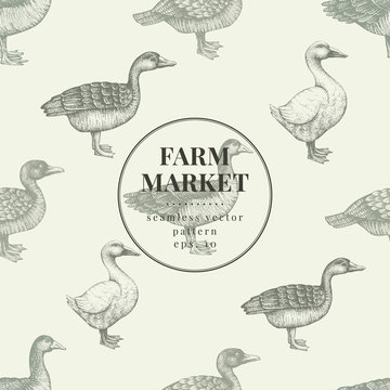 Seamless farm vector pattern. Graphical duck and goose silhouette, hand drawn vintage illustration. Retro farm birds background.