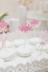 Birthday party candy bar. Weeding desserts. Exquisite food. Cupcakes, muffins, lollipops, macarons, waffles, princess pink theme party. Fun and joy. Children party time decor