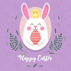 Happy Easter background template with  white rabbit with chicken. Vector illustration