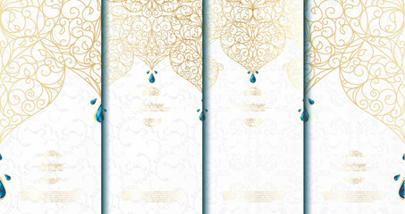 Arabesque abstract islamic element classy white and gold background card template vector set - obrazy, fototapety, plakaty