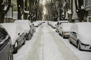 car covered with snow in the street of Varna, Bulgaria.