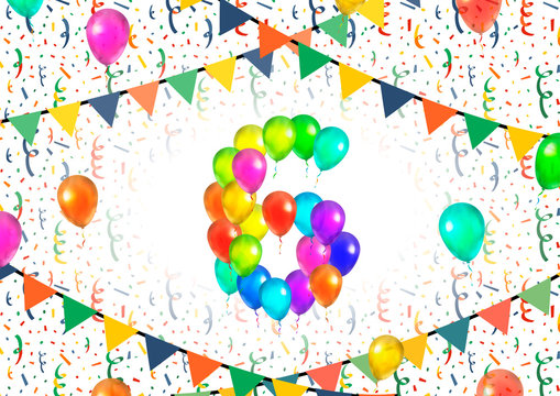 Number six made up from colorful balloons on white background with confetti