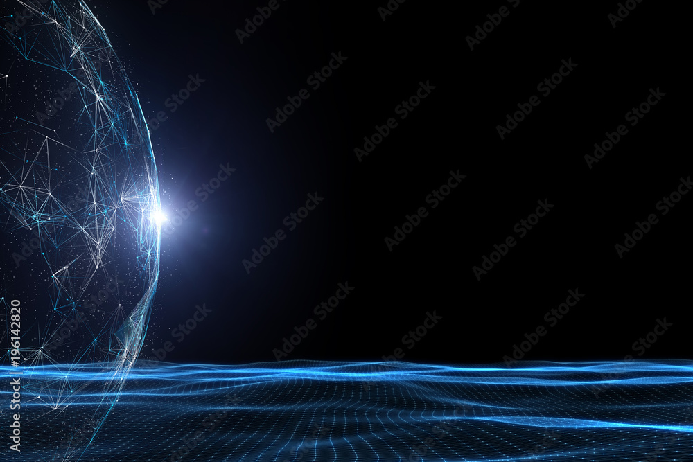 Aufkleber conceptual futuristic sunny network sphere with wavy lines and dots illustration. view from space.