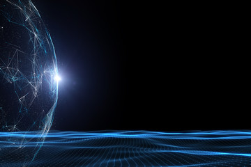 Conceptual futuristic sunny network sphere with wavy lines and dots illustration. View from space.