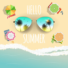 Hello Summer Background with Glass and Palm. Vector Illustration