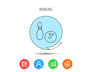 Bowling icon. Skittle or pin with ball sign.